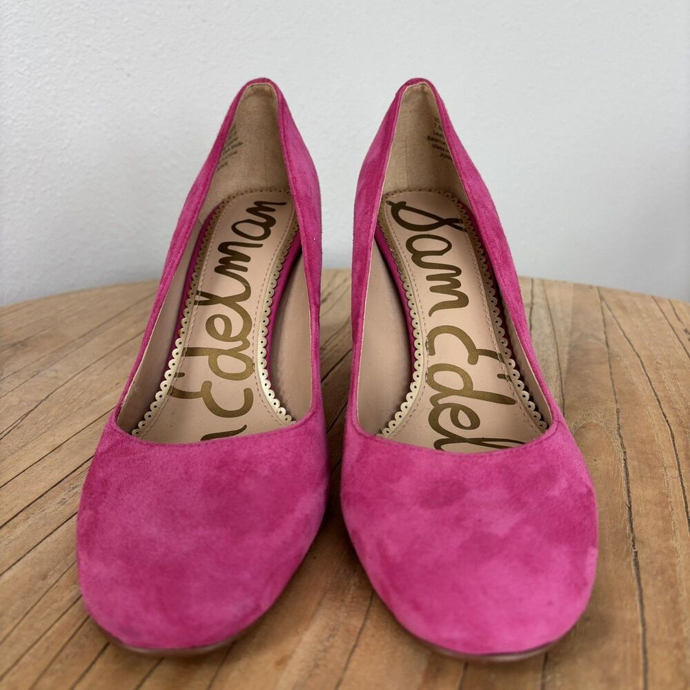 Sam Edelman Women Junie Hot Pink Block Heel Pumps Size 7.5 Suede Leather Barbie - Picture 3 of 15